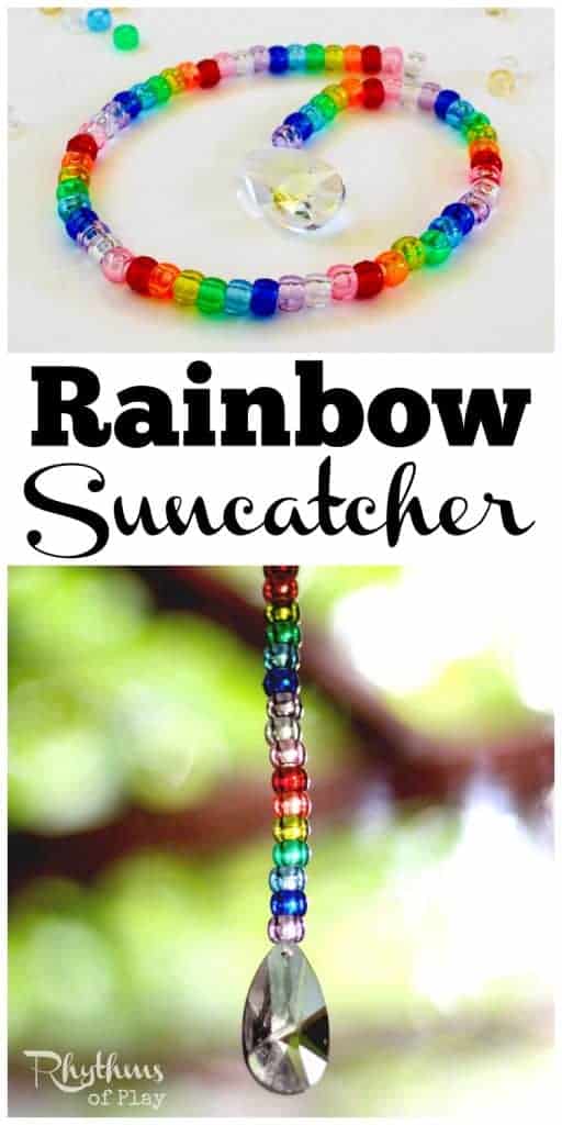 Making a pony bead and prism suncatcher is a fun fine motor activity for kids and adults of all ages. Suncatchers made out of beads in a rainbow of colors are lovely home decor to hang in a window and enjoy. The prism will cast beautiful rainbows all over the room when the sun hits it. These would make a great decoration or favor idea for a rainbow birthday party. This DIY craft project also makes a wonderful gift idea for Christmas, birthdays or any other occasion!