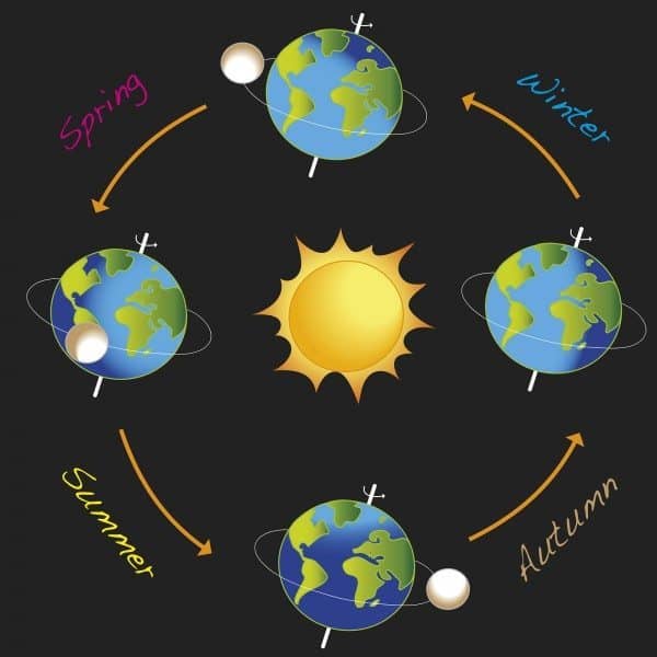 graphic of planet earth and the sun moving through the seasons of the year