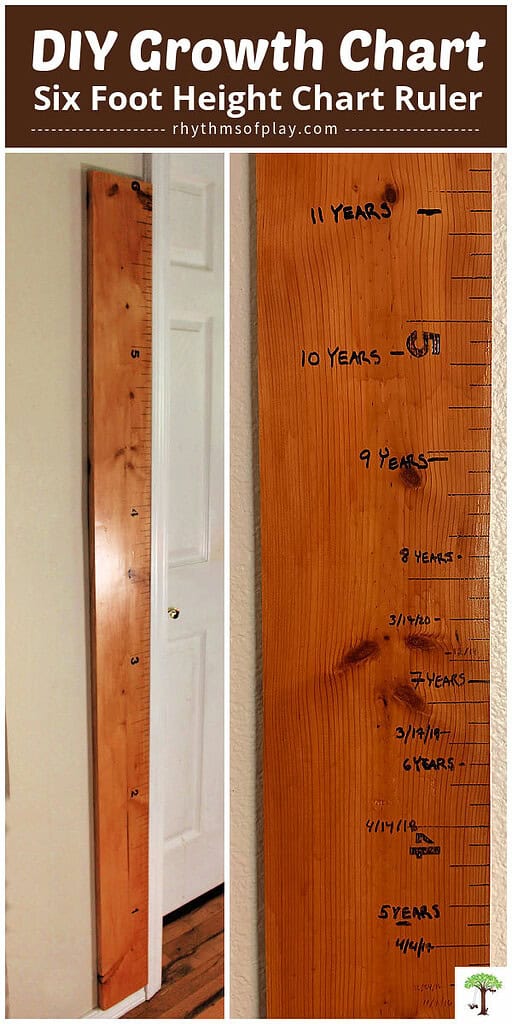 DIY wooden height growth chart hanging on a wall when it was made and 10 years later.