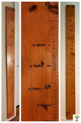 Pictures of DIY growth chart height ruler made of wood when it was first made in 2015 and in 2025 with kid's measurement marks recorded on it.