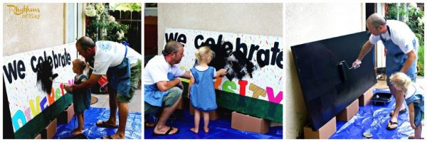 How to make an outdoor chalkboard step by step tutorial (photos of Nick and Charlize Kartychok painting by Nell Regan K. founder of Rhythms of Play)