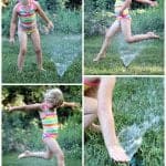 Pictures of a child playing in the sprinklers.