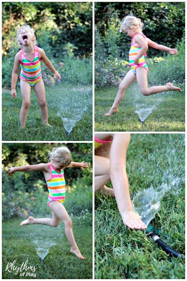Pictures of a child playing in the sprinklers.