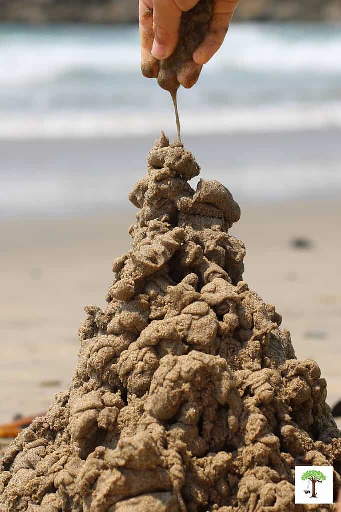 kid building a drip sand castle by dripping sand and water onto the top of it to grow the tower higher.