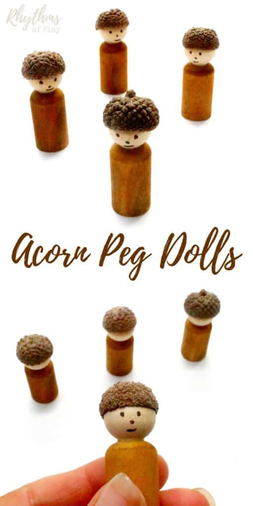 DIY acorn peg dolls are an easy craft for both adults and kids preschool age and up. They look wonderful displayed on mantles, window sills, fairy gardens and nature tables. They are also the perfect handmade dolls for pretend or imaginative play.