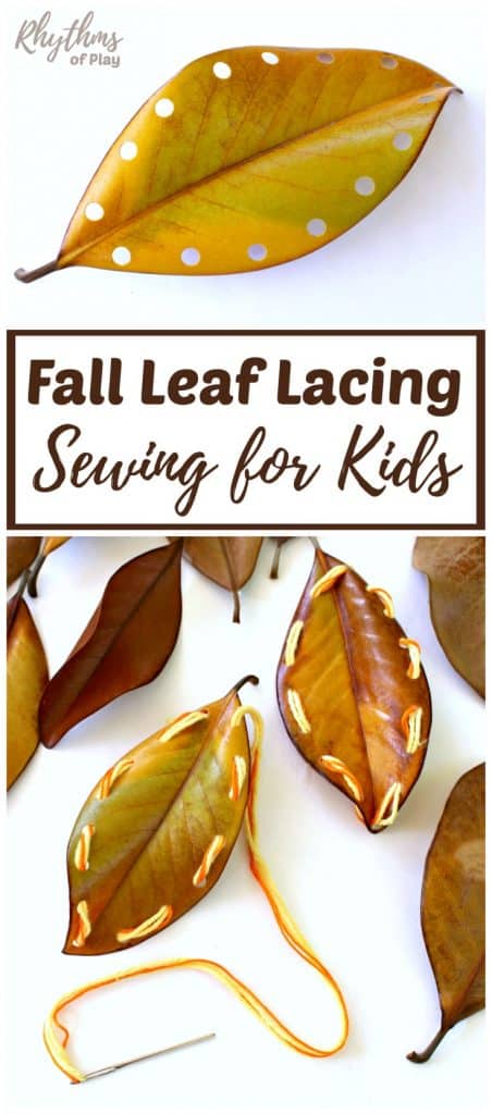 Fall leaf lacing is an easy beginning sewing project for kids. Learning to sew is a fun way to develop the fine motor muscles in the hand necessary for writing and more detailed hand work. Using sturdy fall leaves to practice sewing instead of lacing cards makes this homeschool activity idea both economical and eco-friendly.