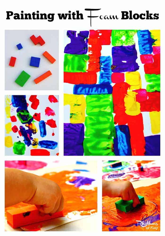 Painting with foam blocks (block paintings and photographs by Nell Regan K. and Charlize Kartychok co-founders of Rhythms of Play.)