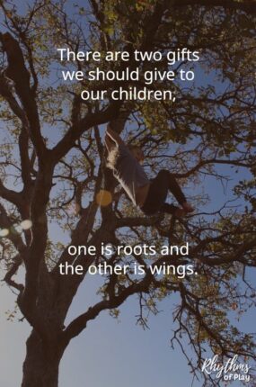child swinging in tree with a paraphrased version of a quote by Dr. Maria Montessori