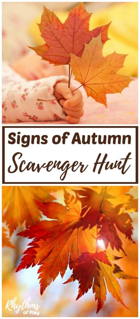look for signs of autumn, such as leaves changing color, on this fall scavenger hunt idea for kids and adults