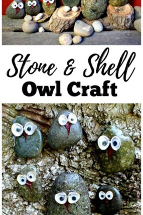 Here's a simple nature craft using natural materials for both kids and adults. Once finished, these cute little stone and shell owls look great sitting in potted plants and gardens, and displayed on mantles and windowsills. They also make a lovely addition to nature tables and can be used for pretend or imaginative play.