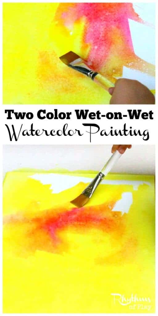 Child painting with two primary colors using the wet-on-wet watercolor painting method.