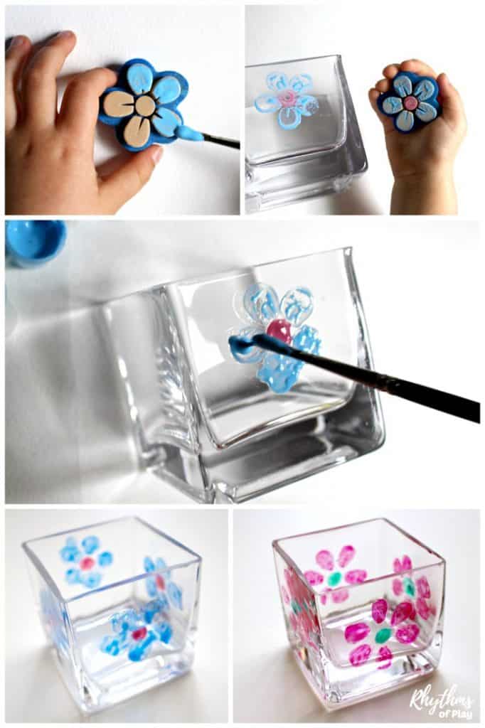 How to stamp a flower onto a square glass candle holder and paint it with more glass paint. (flower candle holder crafts and photos by Nell Regan K. and C. Kartychok co-founders of Rhythms of Play)