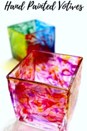 DIY hand painted votives are simple for both kids and adults to make. They are so easy my toddler made them! They make wonderful gifts for birthday's, Christmas, Mother's Day, Father's Day, or any other special occasion! Gift Ideas | DIY Project | Kids Craft | Kid Made Gifts