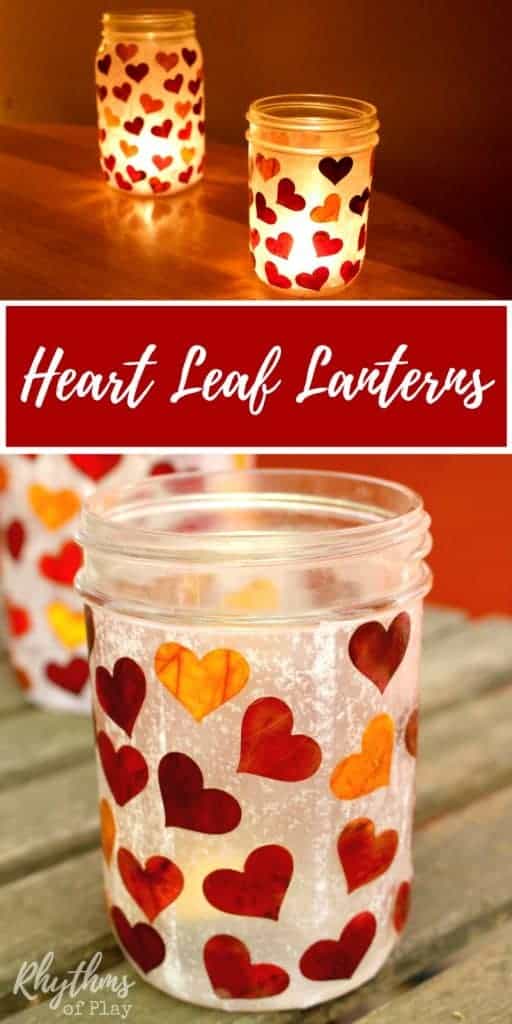 DIY Heart leaf lanterns make beautiful luminaries and an easy gift idea that even kids can make. You can use real fall leaves or tissue paper. They are wonderful centerpieces for both indoor and outdoor use, and would be perfect for an autumn wedding. They can also be filled with treats and a candle and given as gifts for any special occasion! 