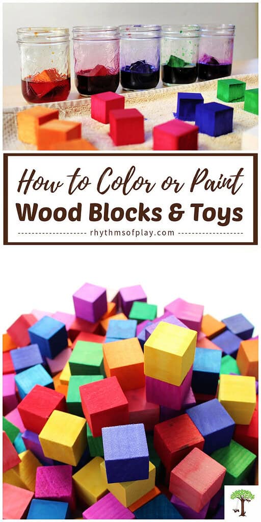 Rainbow-colored wooden DIY blocks piled in a stack of bright colors. 