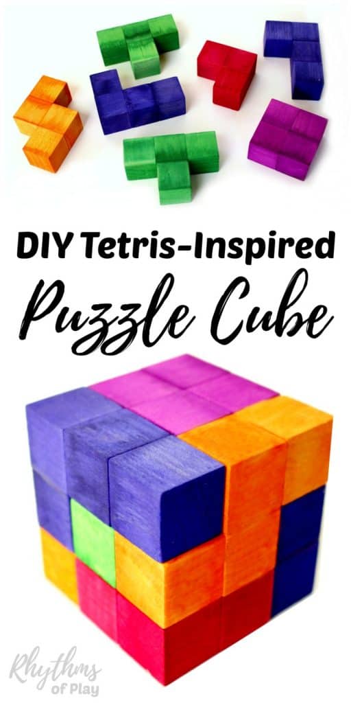 This DIY Tetris Puzzle Cube was inspired by the Nintendo video game of Tetris. Awesome homemade wooden puzzles like these fun cubes make a great gift for both kids and adults. Anyone can exercise their geometric and spatial thinking by playing and experimenting with this puzzle’s pieces. A STEM activity for kids. 