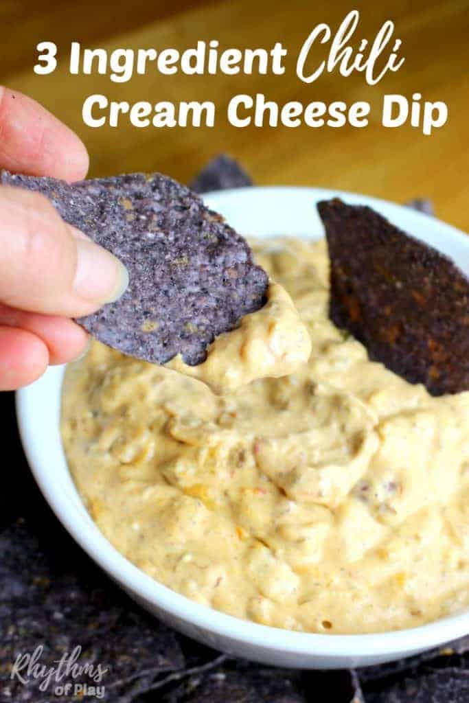 3 ingredient chili cream cheese dip is the hit of every potluck and game day party in town. Hosts and hostess will thank you for bringing this amazing dip to their party and their guest will beg you for more!