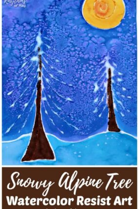 Alpine tree watercolor resist art STEAM project for kids and adults of all ages. Have fun painting winter landscapes using different resist mediums! #steam #art #science