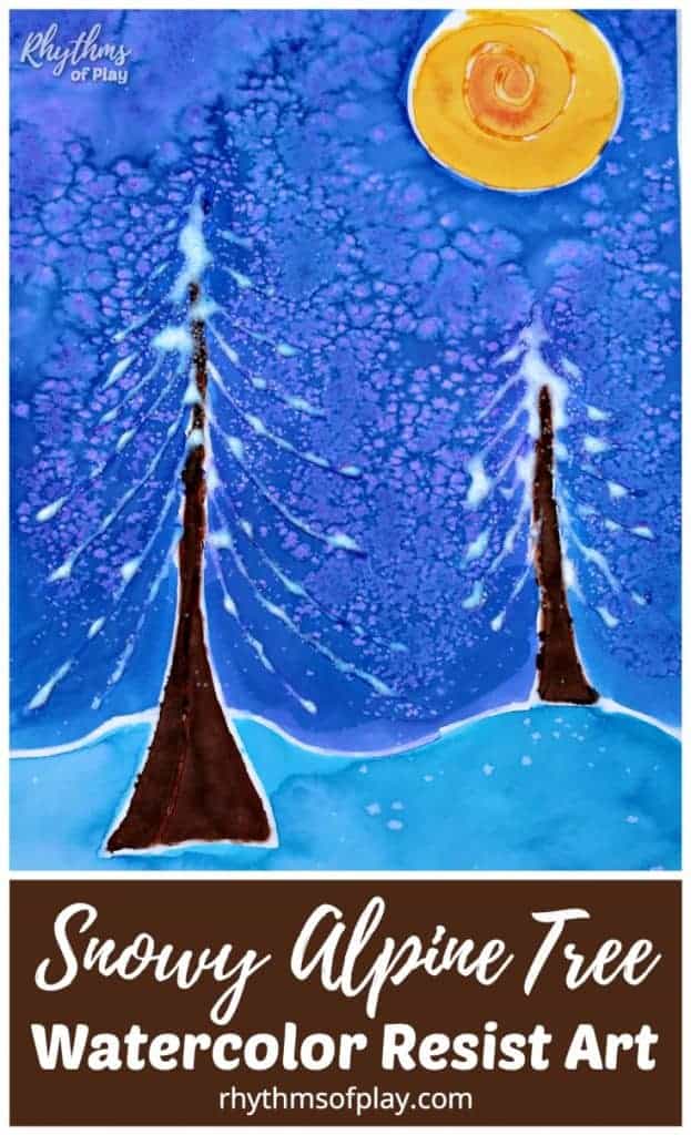 Alpine tree watercolor resist art STEAM project for kids and adults of all ages. Have fun painting winter landscapes using different resist mediums! #steam #art #science 