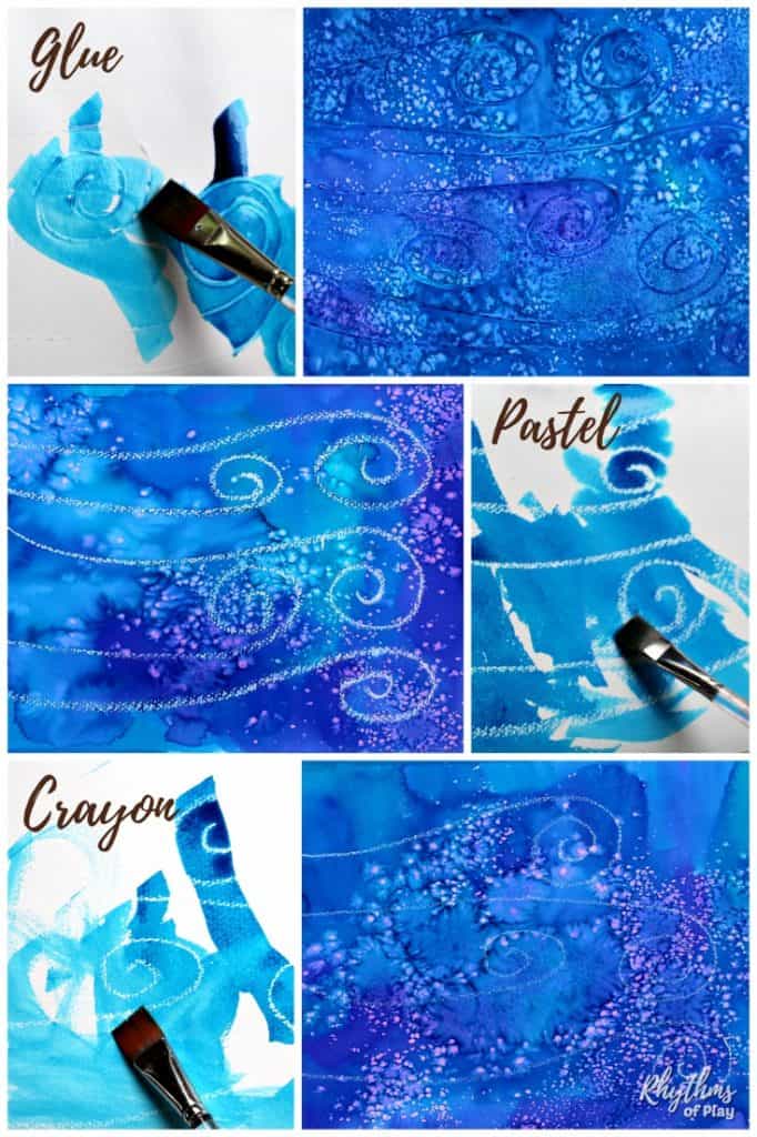 Fun art and science for kids--photo shows how white glue, crayons, pastels and other resist mediums create different effects when used in combination with watercolor paints 