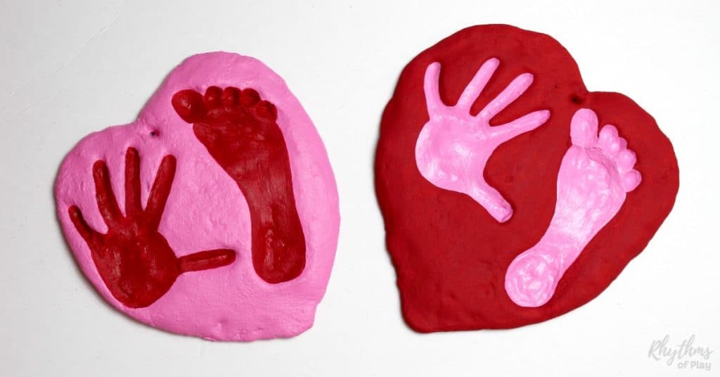 A salt dough handprint and footprint heart keepsake craft and gift kids can make for parents and grandparents