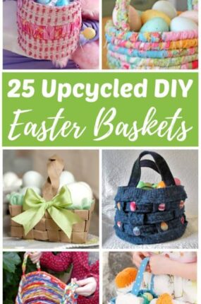 DIY upcycled Easter baskets make it easy to turn trash into a treasure the kids will love! Use recycled materials such as paper, fabric, sweaters, T-shirts, milk jugs, juice cartons, cans, bottles, plastic bags, and even stuffed animals to make your own super cute Easter baskets this spring. Try these eco-friendly Easter baskets ideas today! 