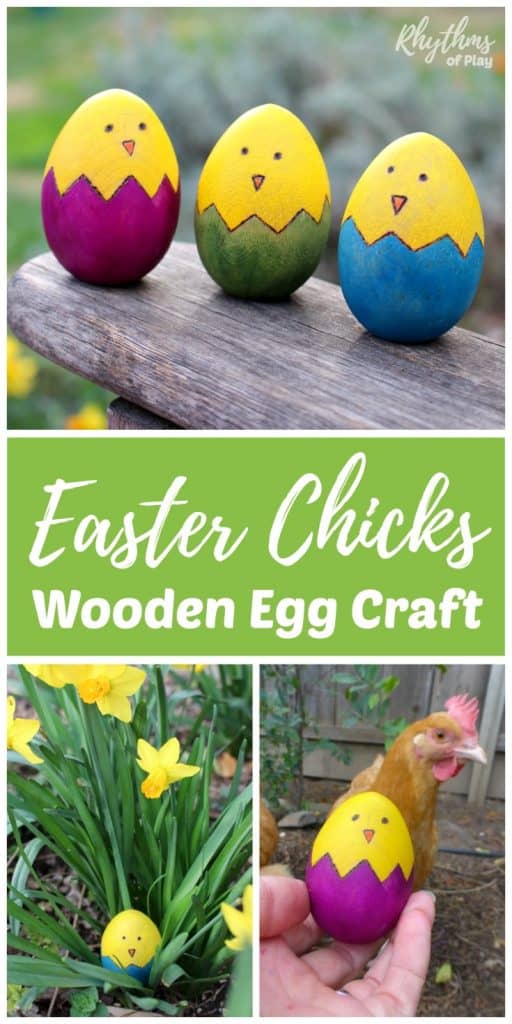 Easter chicks wooden egg craft is a fun and easy rustic spring DIY project. Kids love finding these cute little chicks in Easter Baskets and on Easter Egg Hunts. Easter Eggs | Woodburning Craft | Easter Ideas
