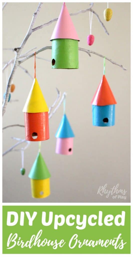 Make DIY upcycled birdhouse ornaments out of recycled materials. Grab some cardboard toilet roll tubes and boxes from your recycle bin and make some cute birdhouses. An easy craft idea for kids! Perfect for spring trees, Easter trees, garlands, and spring home decor. Making these would also be a great complement to a bird study unit for Homeschoolers.