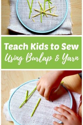 Learning to sew is a great fine motor activity for kids! Teach kids how to sew using burlap and yarn for an easy first lesson in the mechanics of sewing. Learning how to sew on burlap is a fun sewing lesson for beginners to try before attempting more advanced forms of embroidery. #sew #sewing #sewingforkids