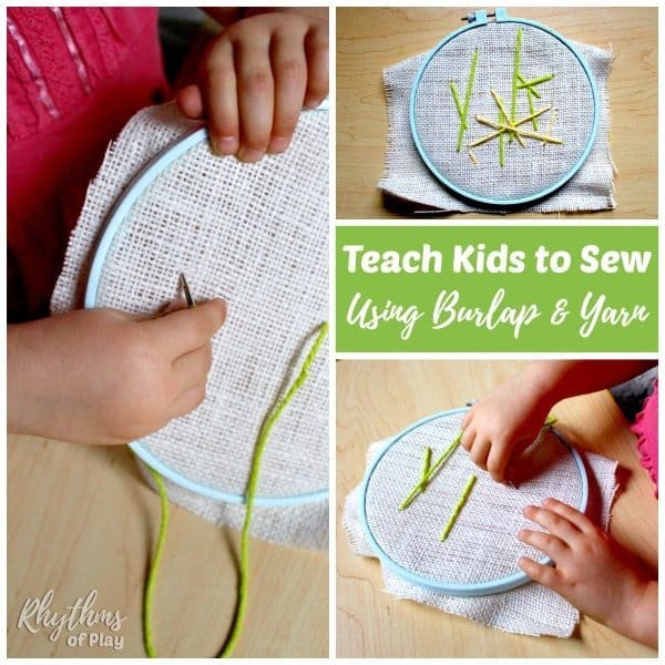 Teach kids to sew using burlap and yarn for an easy first lesson in the mechanics of sewing. Learning how to sew on burlap is a great sewing lesson for beginners to try before attempting more advanced forms of embroidery. Sewing is a great fine motor activity for kids and is perfect for Homeschooling, and Waldorf & Montessori education.