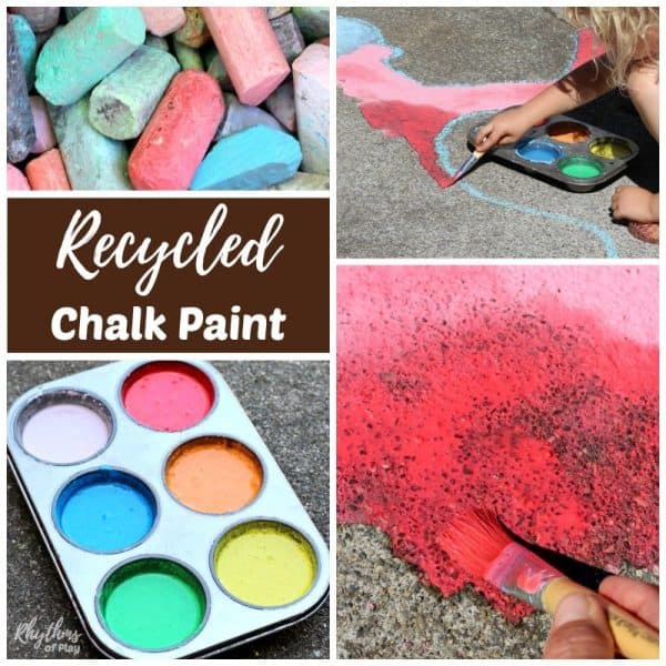 Making recycled chalk paint for outdoor art is a great way to recycle old broken and water soaked pieces of sidewalk chalk. Painting with chalk paint is a super fun summer activity for kids! The vibrant colors look beautiful painted on sidewalks and driveways. It is the perfect medium for outdoor process art that can easily be washed away.