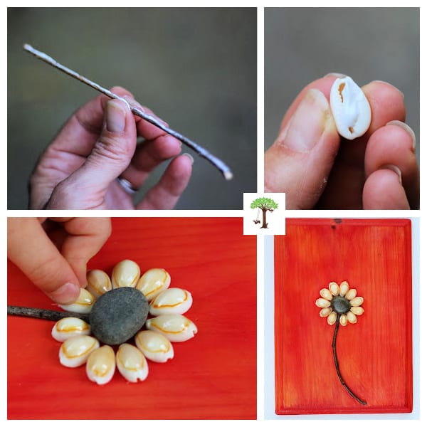 how to make a sunflower craft (photo tutorial) with shells, twigs, and small stones or pebbles