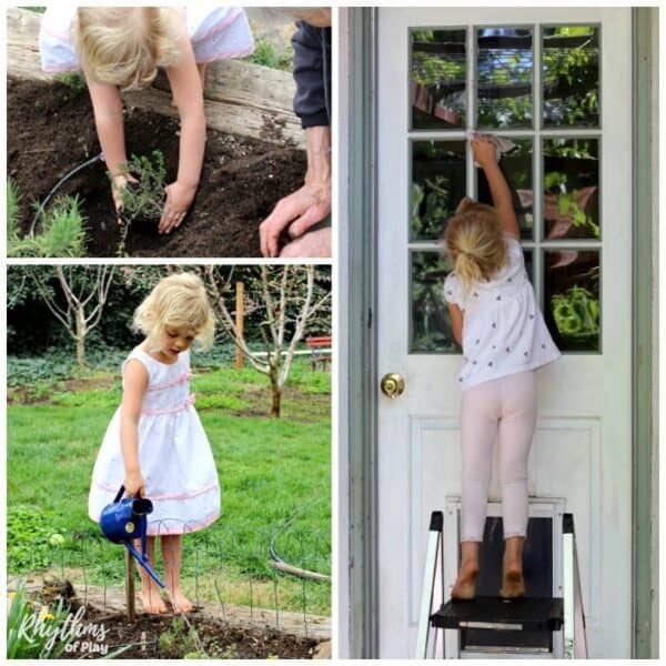 child doing chores around the house and garden