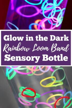 Sensory bottles like this DIY glow in the dark rainbow loom band sensory bottle are commonly used for calming an overwhelmed child. Discovery bottles are also great for no mess safe sensory play for kids. Babies, toddlers, and preschoolers can safely investigate small objects without the risk of choking. This one is a great bedtime soothing bottle. It would also make a great decoration idea or favor for a party.