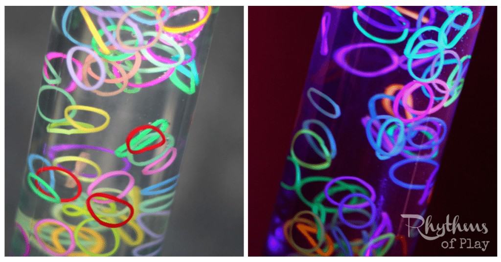 Sensory bottles like this DIY glow in the dark loom band sensory bottle are commonly used for calming an overwhelmed child. They are just as effective for adults. This one is a great bedtime soothing bottle. Discovery bottles are also great for no mess safe sensory play for kids. They are the perfect way for babies, toddlers, and preschoolers to safely investigate small objects without the risk of choking on them. These would also make a great decoration idea or favor for a party. 