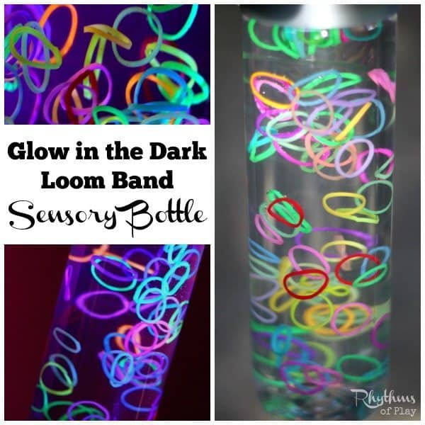 Sensory bottles like this DIY glow in the dark loom band sensory bottle are commonly used for calming an overwhelmed child. They are just as effective for adults. This one is a great bedtime soothing bottle. Discovery bottles are also great for no mess safe sensory play for kids. They are the perfect way for babies, toddlers, and preschoolers to safely investigate small objects without the risk of choking on them. These would also make a great decoration idea or favor for a party. 