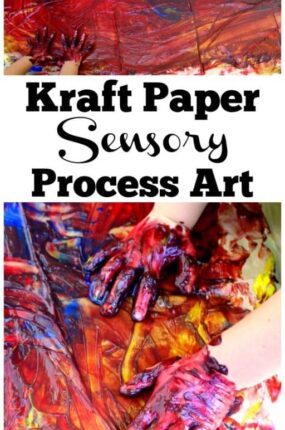 Kraft paper sensory process art is a fun project for kids to practice using art materials while developing their sensory systems. Children can experiment with their own creativity as they create art. You can use new or re-used recycled kraft or packing paper for this DIY art activity idea!