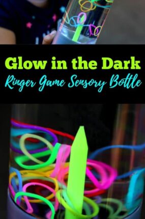 This easy to make DIY glow in the dark ringer game sensory bottle is a fun way to help children (and adults) calm down and unwind while they play. Discovery bottles like this ringer game for kids and adults can help children learn to focus and develop self-regulation skills. Sensory bottles can also be used for safe no mess sensory play. Babies, toddlers, and preschoolers can play this game without the risk of choking on the glow in the dark rainbow loom bands.
