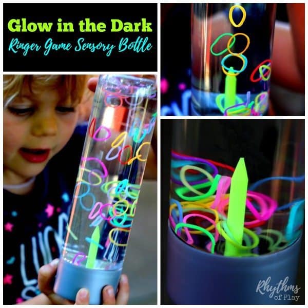 This easy to make DIY glow in the dark ringer game sensory bottle is a fun way to help children (and adults) calm down and unwind while they play. Discovery bottles like this ringer game for kids and adults can help children learn to focus and develop self-regulation skills. Sensory bottles can also be used for safe no mess sensory play. Babies, toddlers, and preschoolers can play this game without the risk of choking on the glow in the dark rainbow loom bands.