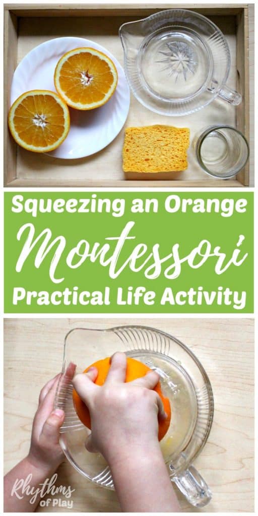 Squeezing an orange Montessori practical life activity is an easy first exercise in at home food preparation for kids. Kitchen learning activities help toddlers develop self-confidence and self-sufficiency in the kitchen, make preschoolers and kindergarteners feel like they are making a contribution at home, and help elementary aged kids develop cooking skills.