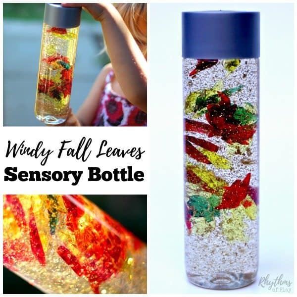 Calm down sensory bottles like this windy fall leaves sensory bottle are commonly used for safe no mess sensory play, a time out tool, and to help children (and adults) calm down and unwind. Discovery bottles are also the perfect way for babies and toddlers to safely investigate small items like these autumn leaves without the risk of choking on them. This one can also be used to help teach about the wind and changing seasons. 