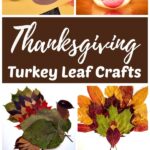 Thanksgiving crafts for kids. Photo shows several turkey crafts made with real fall leaves.