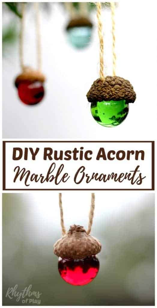 Homemade DIY Christmas ornaments made with marbles and acorn caps