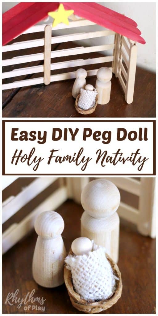 Wooden holy family craft sitting in popsicle stick stable (DIY Christmas nativity scene)