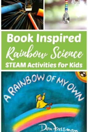 Book inspired rainbow science STEAM activities for kids make learning about rainbows and how they form fun! These STEAM homeschool activities are inspired by the book, "A Rainbow of My Own." Learn about the science of natural rainbows and how to make your own using a light source and a prism, or a CD. Increase understanding by creating art and crafts that contain elements of math, engineering, and or technology. Easy ideas and resources included!