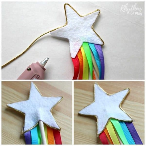 Glue star on rainbow ribbon fairy wands