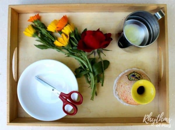 How to set up Montessori flower arranging tray for this activity (photo by Nell Regan Kartychok)