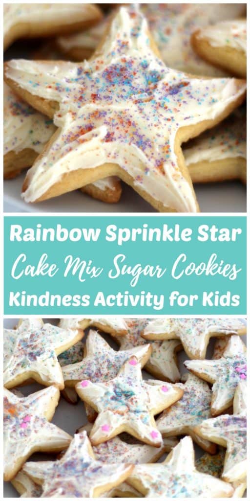Cooking with kids is fun! First, use our easy cake mix sugar cookie recipe to make these super soft kindness cookies. Next, make some cream cheese icing. Then decorate with rainbow sprinkles and pass them out as a kindness service project with the kids. My daughter and I were inspired to make these cookies after reading "The Story of the Kindness Elves." Try this kids kitchen book activity and kindness project for kids today! 