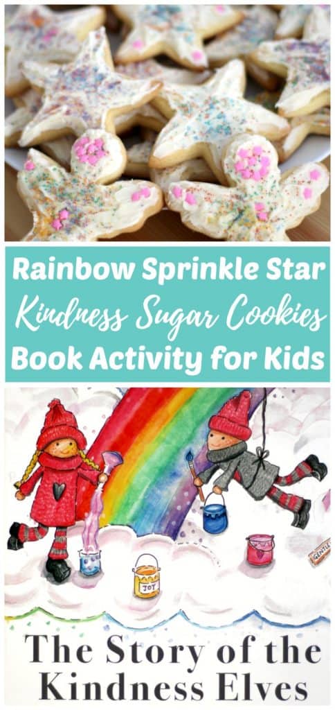 Cooking with kids is fun! First, use our easy cake mix sugar cookie recipe to make these super soft kindness cookies. Next, make some cream cheese icing. Then decorate with rainbow sprinkles and pass them out as a kindness service project with the kids. My daughter and I were inspired to make these cookies after reading "The Story of the Kindness Elves." Try this kids kitchen book activity and kindness project for kids today!