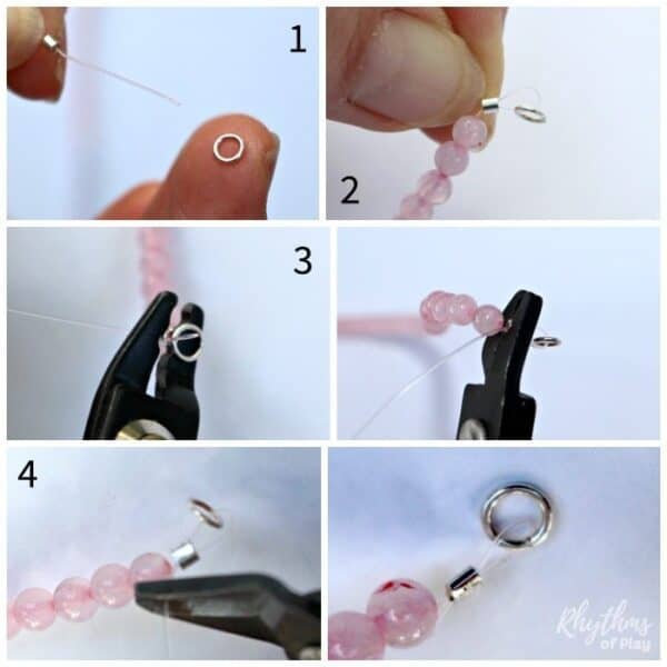How to finish a beaded necklace or bracelet with crimping pliers and crimp beads or tubes step by step photo tutorial DIY.